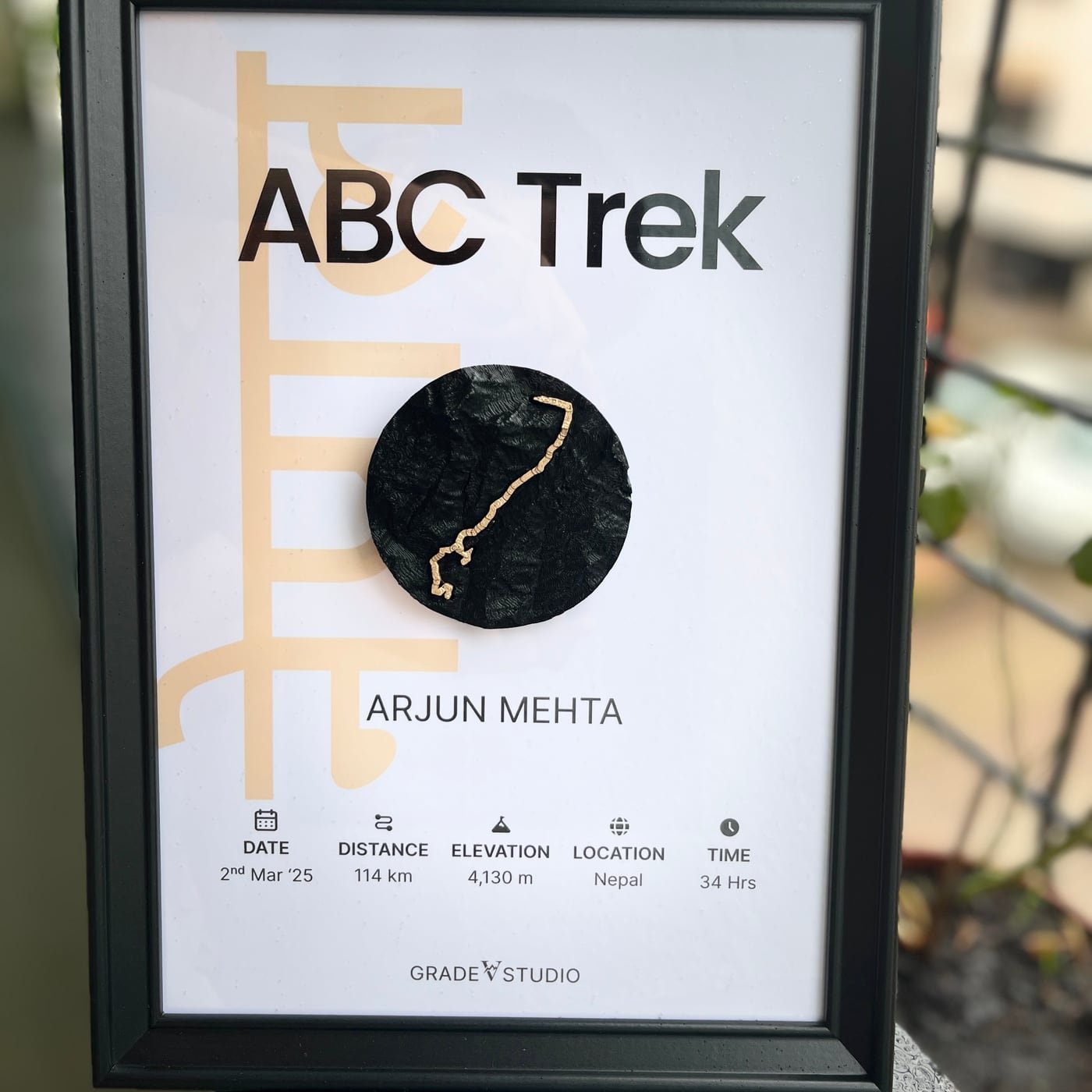 The five statistics printed along the bottom of the poster: date, distance, elevation, location and time